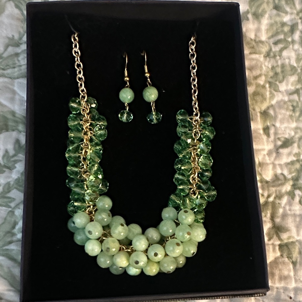 Source Unknown Green Beaded Necklace and Earring Set